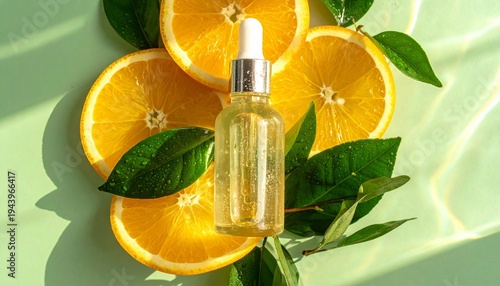 Wallpaper Mural Glass dropper bottle with citrus slices and green leaves evoking skincare, freshness, and natural vitality Torontodigital.ca