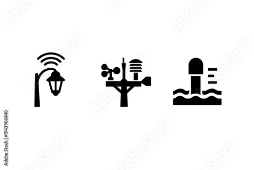 Black silhouette icons of smart streetlight, weather station sensor mast, and water level gauge monitoring systems for urban environment management