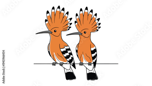 Two Upupa Epops in Perch: A charming illustration depicts two Upupa epops perched on a slender branch. This artistic rendering captures the bird's distinctive plumage and crest