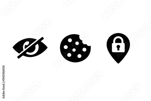Minimal black icon set showing hidden visibility eye, bitten cookie with crumbs, and a secured location pin with padlock symbol on white background