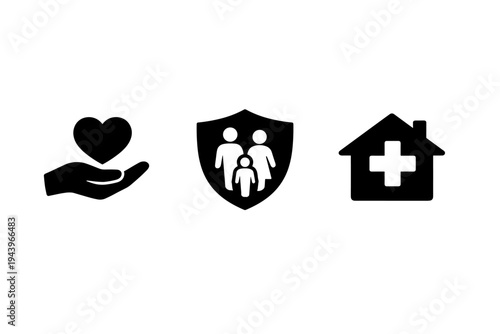 Black insurance and healthcare icons showing heart in hand, protected family shield, and medical home with cross on white background