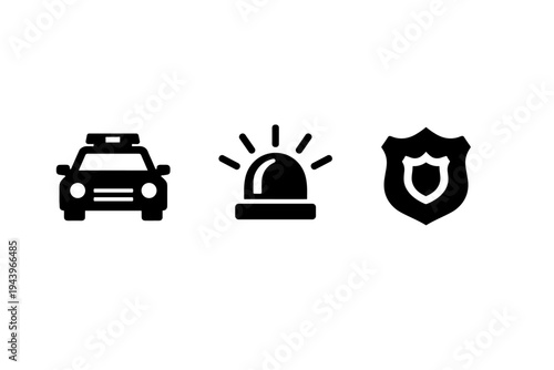 Minimal black icon set showing police patrol car, emergency siren light, and protective shield symbol for law enforcement and public safety