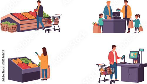 Shopping and Checkout Experience – Vector Illustration of People Shopping for Groceries and Using Self-Checkout