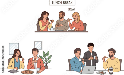 Work Break and Lunch Time – Vector Illustration of Colleagues Enjoying Lunch and Coffee During Break Time