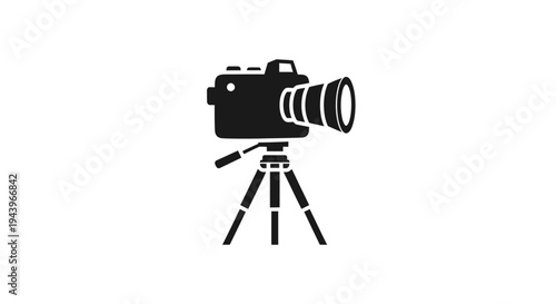 Capturing Moments: A detailed silhouette showcases a professional camera mounted on a sturdy tripod, poised to capture life's precious moments. 