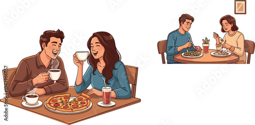 Couple Dining Together – Vector Illustration of Enjoying Pizza and Drinks in a Cozy Restaurant Setting