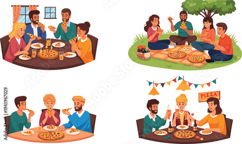 Pizza Party Fun – Vector Illustration of Friends Enjoying Pizza Together at Home and Outdoor Gatherings