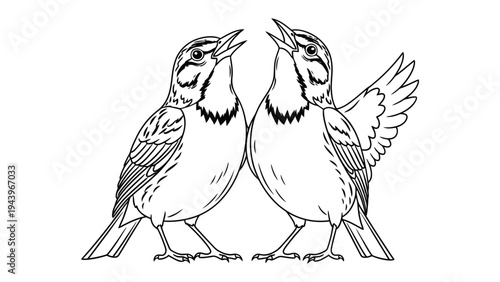 Melodious Duet: Two songbirds in a symmetrical embrace, their beaks open in a harmonious chorus, a symphony of nature's music. 