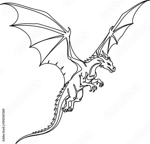 Black line of a dragon flying with wings spread