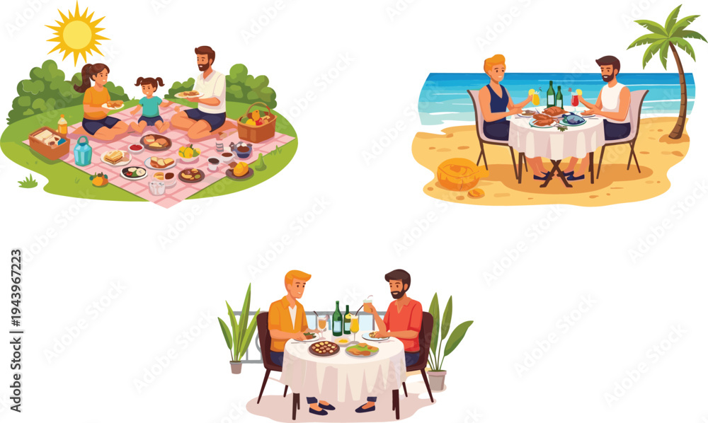 Fototapeta premium Outdoor Dining and Romantic Meals – Vector Illustration of Picnic, Beach Dinner, and Intimate Restaurant Dining