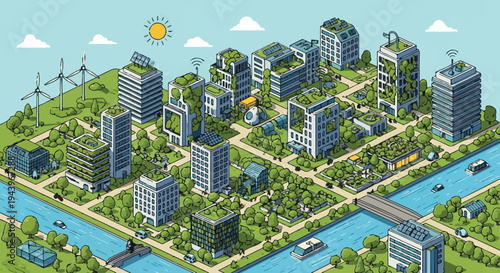 A panoramic urban landscape features a majestic city skyline where modern skyscrapers and architecture meet lush trees under a clear day sky in downtown Miami