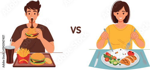 Healthy Eating vs Junk Food – Vector Illustration of Choosing between Healthy Meals and Fast Food