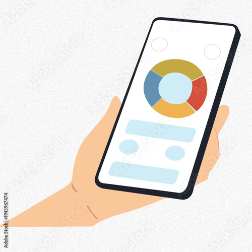 Flat vector illustration of a hand holding a smartphone displaying a colorful data dashboard and donut chart, ideal for business analytics, financial tracking, and mobile app interface icons
