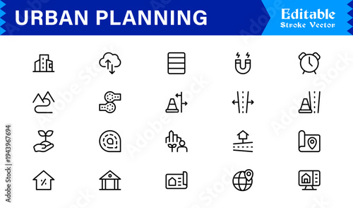 Urban Planning, City Development Line Icon Set – Modern, Minimal, Pixel-Perfect Professional Collection