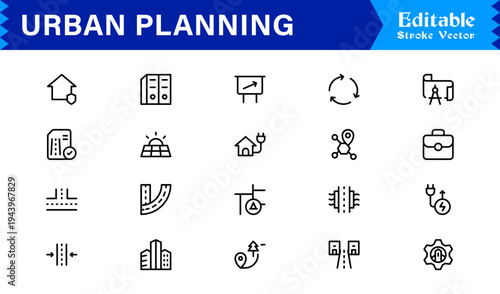 Urban Planning, City Development Line Icon Set – Modern, Minimal, Pixel-Perfect Professional Collection