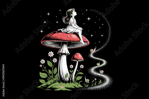 A whimsical illustration of a girl sitting on a large red mushroom under a starry night sky