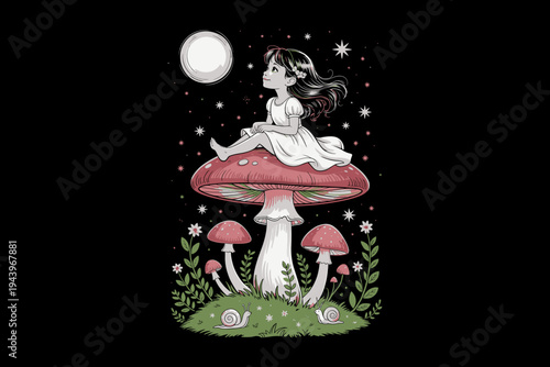 A whimsical illustration of a girl sitting on a giant mushroom under the moonlight