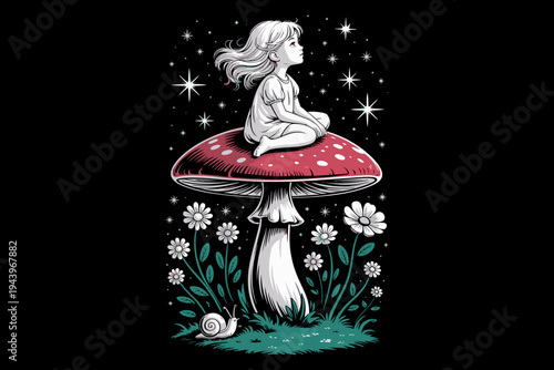 A whimsical illustration of a girl sitting on a mushroom under a starry night sky