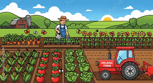 A rural farmer stands in a green wheat field under a blue summer sky, overlooking a vast agricultural landscape where rolling hills meet the countryside horizon
