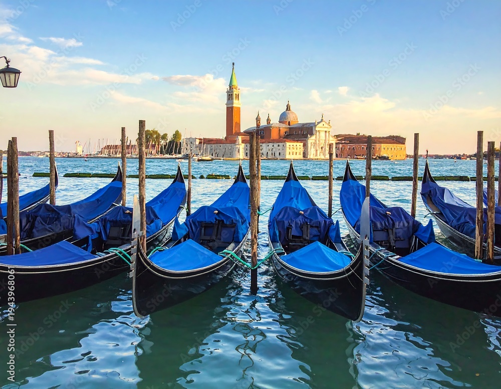 Fototapeta premium A serene view of gondolas docked in water with a distant historic building