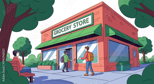 Customers arriving and relaxing outside a grocery store