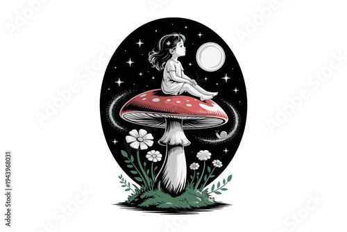 A whimsical illustration of a girl sitting on a mushroom under the moonlight