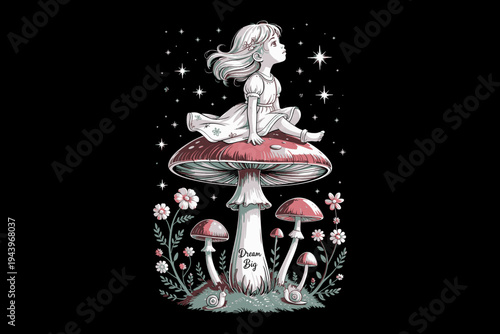 A whimsical illustration of a girl sitting on a giant mushroom under starry night sky
