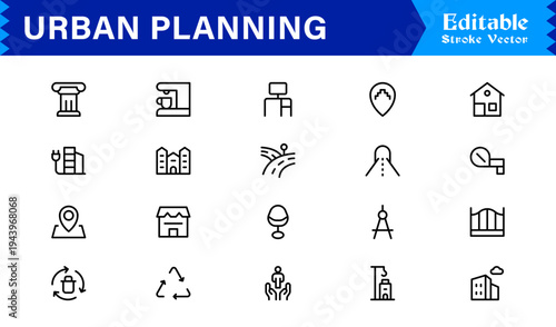 Urban Planning, City Development Line Icon Set – Modern, Minimal, Pixel-Perfect Professional Collection
