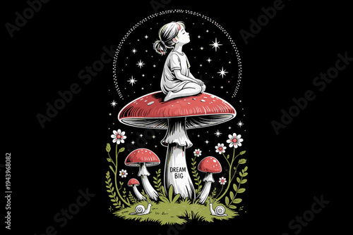 A young girl sits on a large mushroom under a starry night sky with flowers and snails