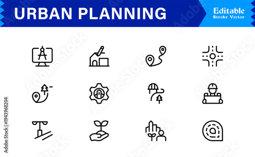 Urban Planning, City Development Line Icon Set – Modern, Minimal, Pixel-Perfect Professional Collection