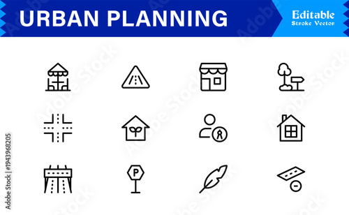 Urban Planning, City Development Line Icon Set – Modern, Minimal, Pixel-Perfect Professional Collection