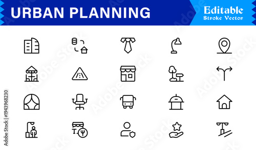 Urban Planning, City Development Line Icon Set – Modern, Minimal, Pixel-Perfect Professional Collection