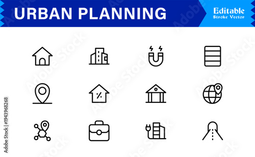 Urban Planning, City Development Line Icon Set – Modern, Minimal, Pixel-Perfect Professional Collection