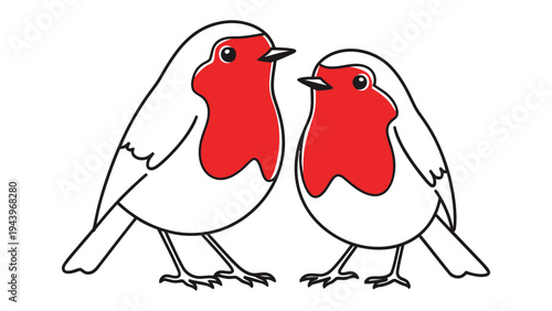 Charming Duo: Two stylized robins stand poised, their red breasts gleaming brightly against a minimalist backdrop, creating a sense of peace and intimacy.