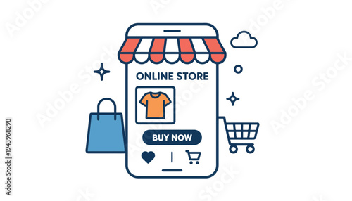 Online store icon on a smartphone screen with shopping bag and cart