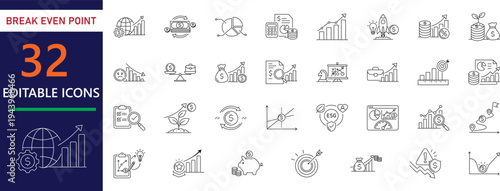 Editable thin line icons for break even point analysis, financial, balance, profit , loss , charts, business , sustainability. Ideal for ROI presentations.