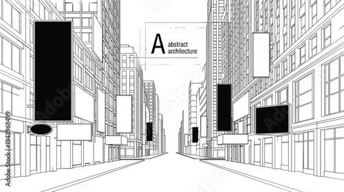 Immersive urban street perspective wireframe with blank commercial signage and high-rise building outlines in a monochrome architectural style.