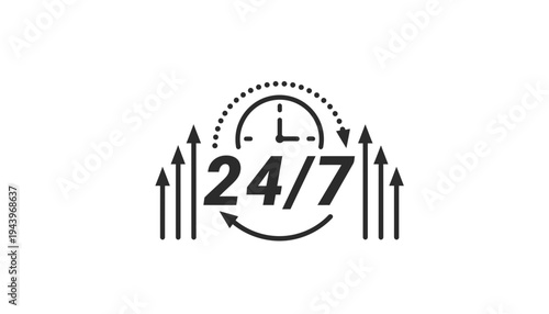 A 24/7 icon illustration with arrows and clock symbol