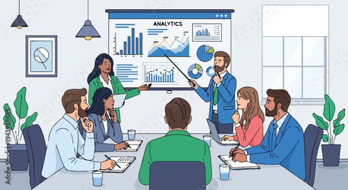 A smiling group of business people and a businesswoman lead a successful teamwork presentation with a laptop during a professional office meeting