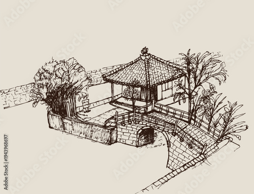 A sketch of a traditional pavilion on a pond.
