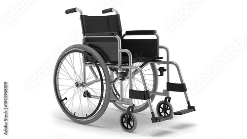 Wheelchair mobility concept with empty wheelchair isolated on white background representing healthcare and disability support
