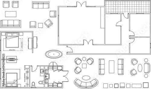 Interior design architectural toolkit featuring a residential floor plan with a comprehensive library of furniture icons for custom space planning.