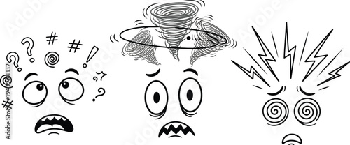 Confused and dizzy cartoon faces showing mental overload