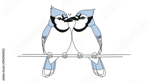 Blue Jay Pair: Depicting two elegant blue jays perched intimately on a slender branch, their beaks gently touching in a moment of tender connection.