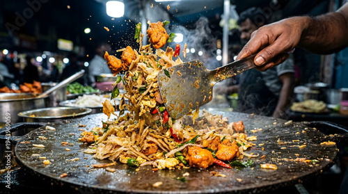 Kothu Parotta Street Food Cooking on Hot Tawa – South Indian Night Market Action Shot