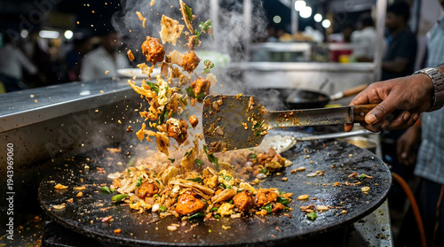 Kothu Parotta Street Food Cooking on Hot Tawa – South Indian Night Market Action Shot
