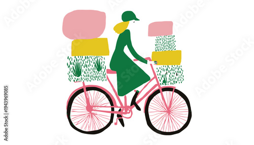 A woman rides a pink bicycle with colorful baskets and plants