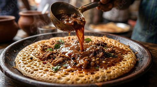 South Indian Appam with Spicy Curry Being Poured – Traditional Kerala Breakfast Food Close-Up