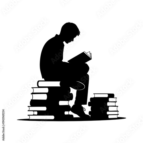 A Person Sitting on Stack of Books While Reading Another Book