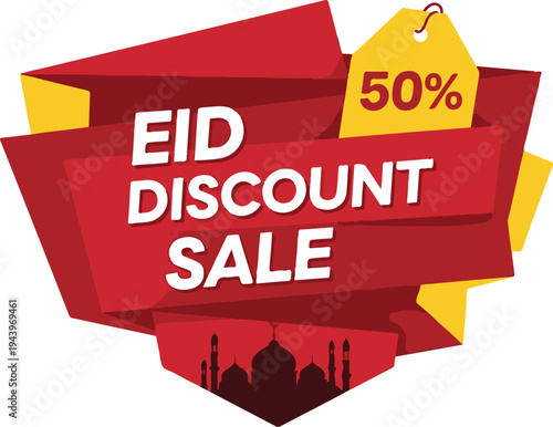Vectoe art of eid discount sale banner with mosque silhouette and 50 percent off tag